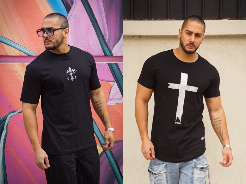 Modelo con polera oversize negra estampado cruz y modelo con polera long fit negra estampado cruz D'Santi, streetwear Santiago