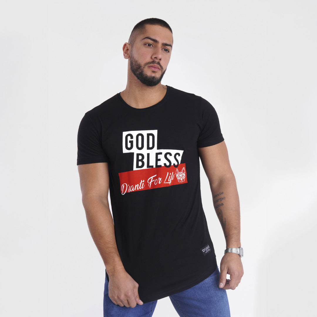 polera long fit god bless negra - vista frontal
