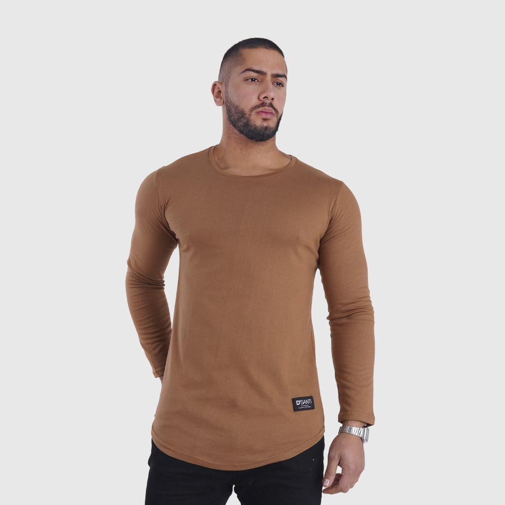 polera long fit manga larga café camel - vista frontal