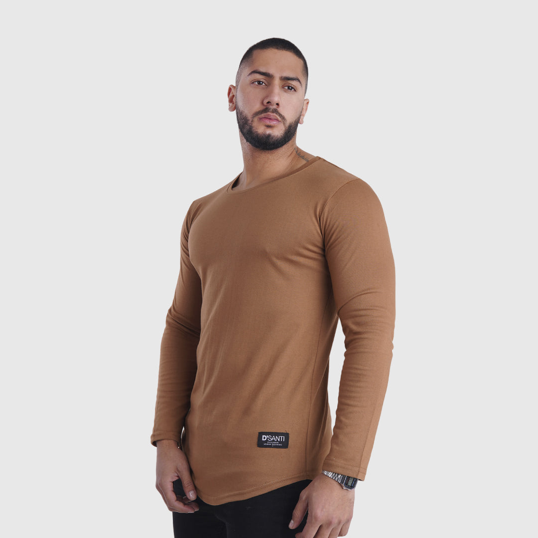 polera long fit manga larga café camel - vista frontal 2