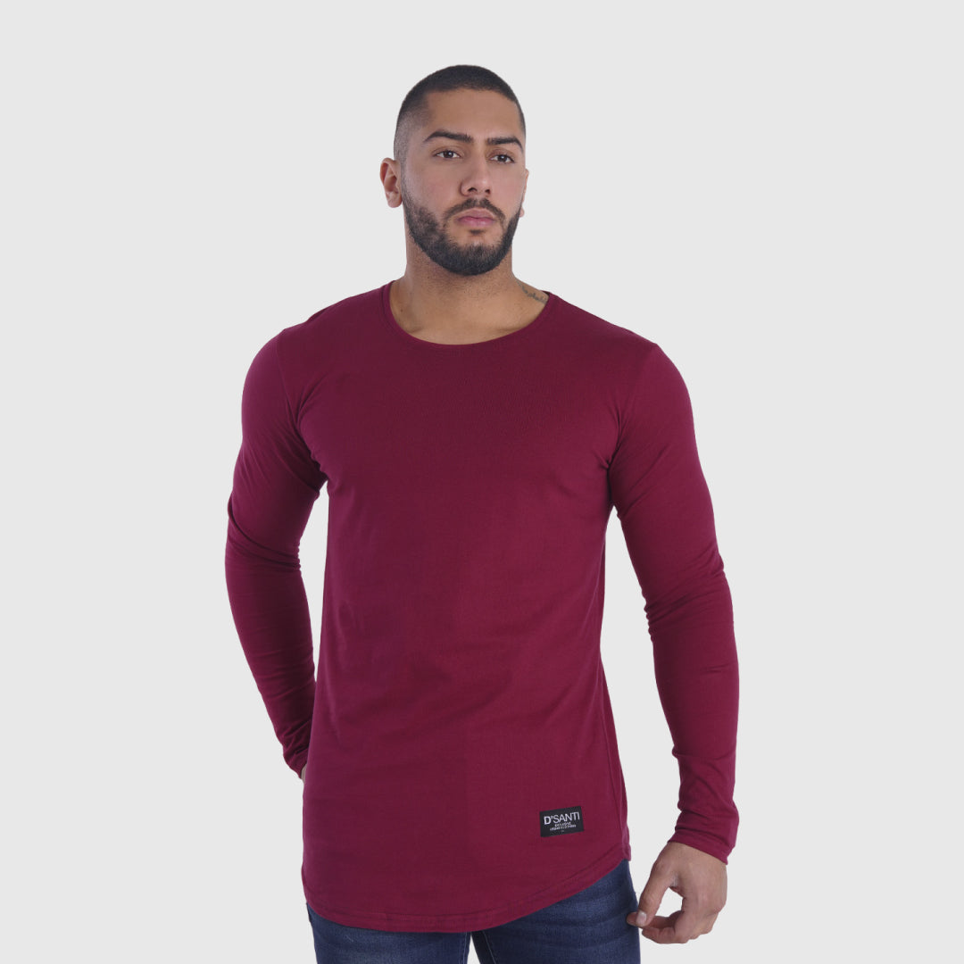 polera long fit manga larga burdeo - vista frontal 2