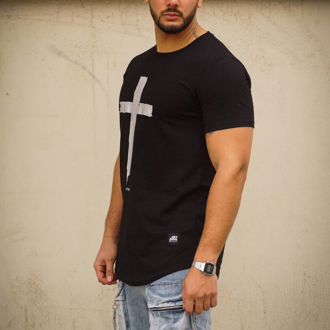 POLERA LONG FIT CRUZ NEGRA ALGODÓN HOMBRE - VISTA LATERAL 1