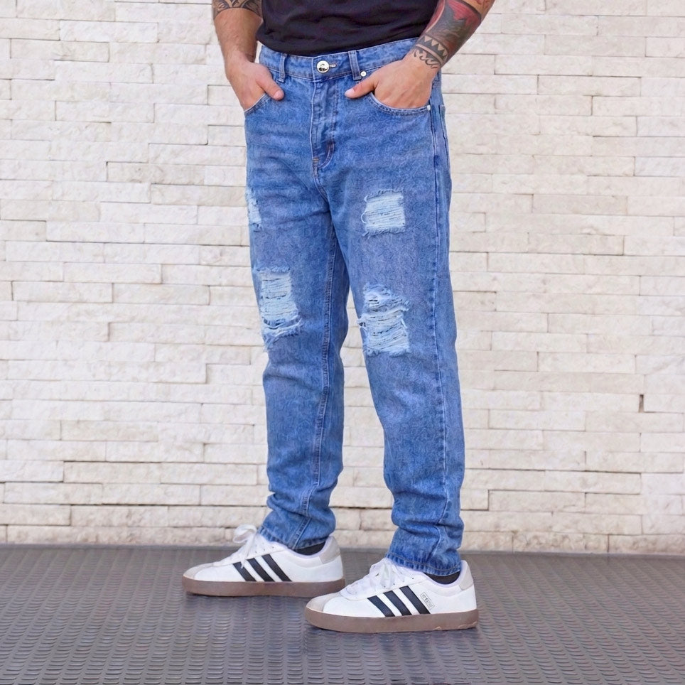 jeans relaxed fit azul efecto gastado - vista frontal 1