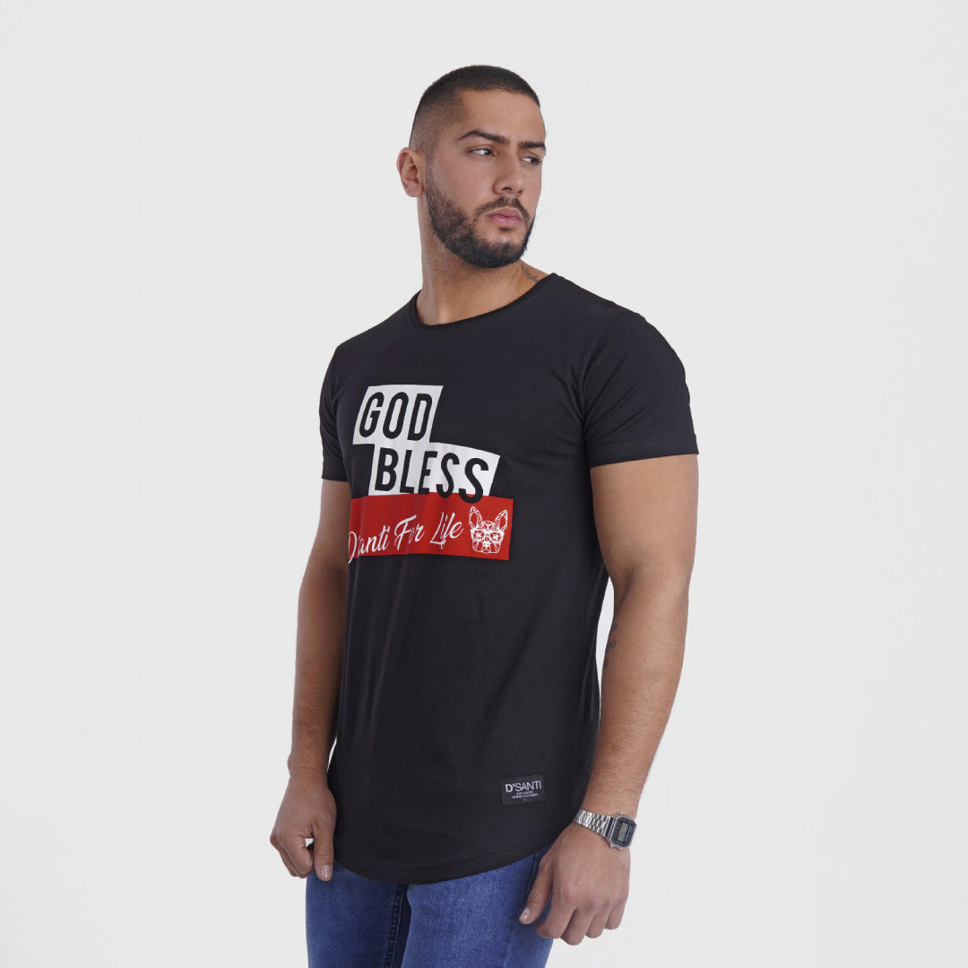 polera long fit god bless negra - vista frontal 2