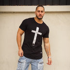 POLERA LONG FIT CRUZ NEGRA ALGODÓN HOMBRE - VISTA FRONTAL 1