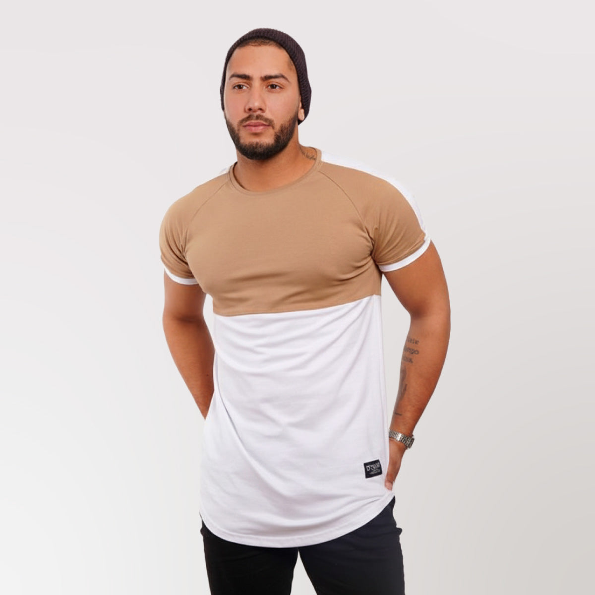 Polera Long Fit Bicolor Camel / Blanca Dsanti