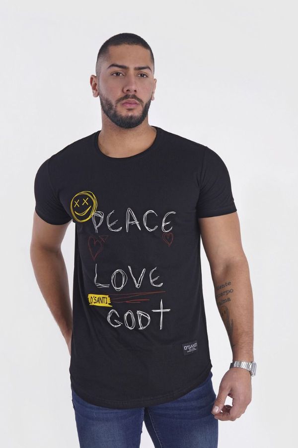 Polera Long Fit Peace love Negra Dsanti
