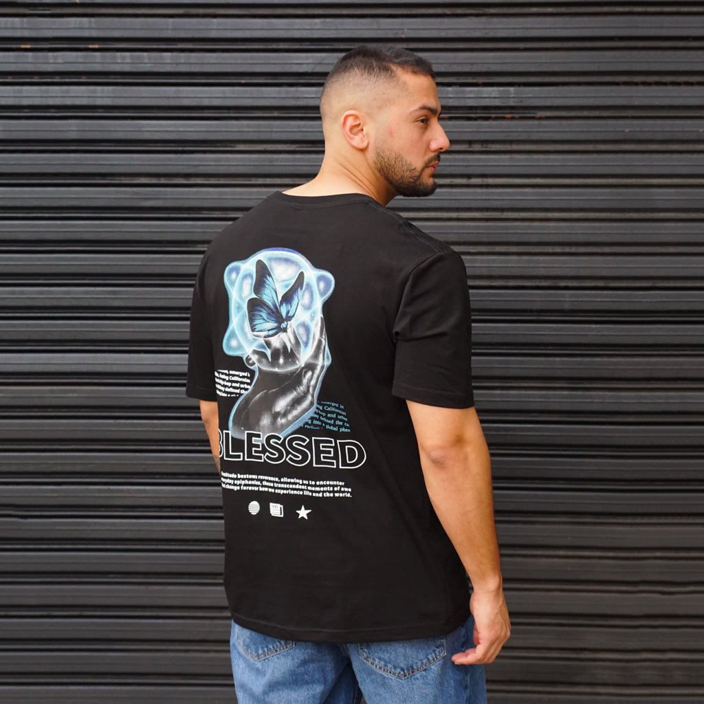 POLERA OVERSIZE BLESSED NEGRA HOMBRE ALGODÓN - VISTA ESPALDA 3