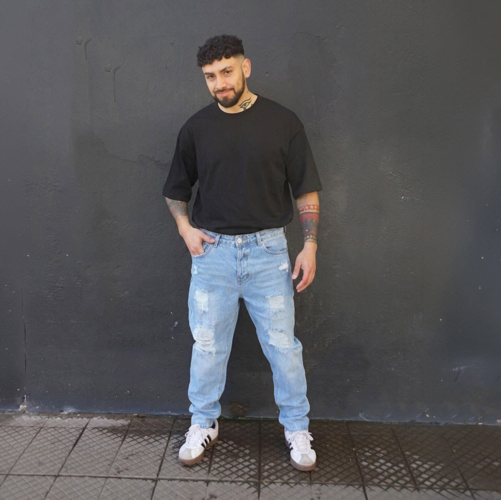 jeans relaxed fit celeste efecto desgastado - vista completa
